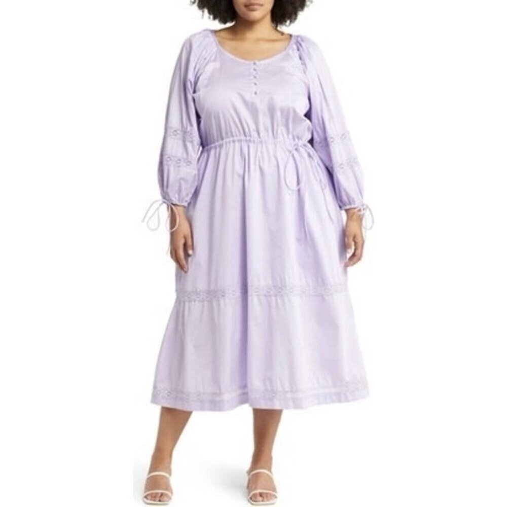 Harshman Belle Midi Dress Blouson Sleeve Lace Trim Lilac Plus Sz 3X Cottage